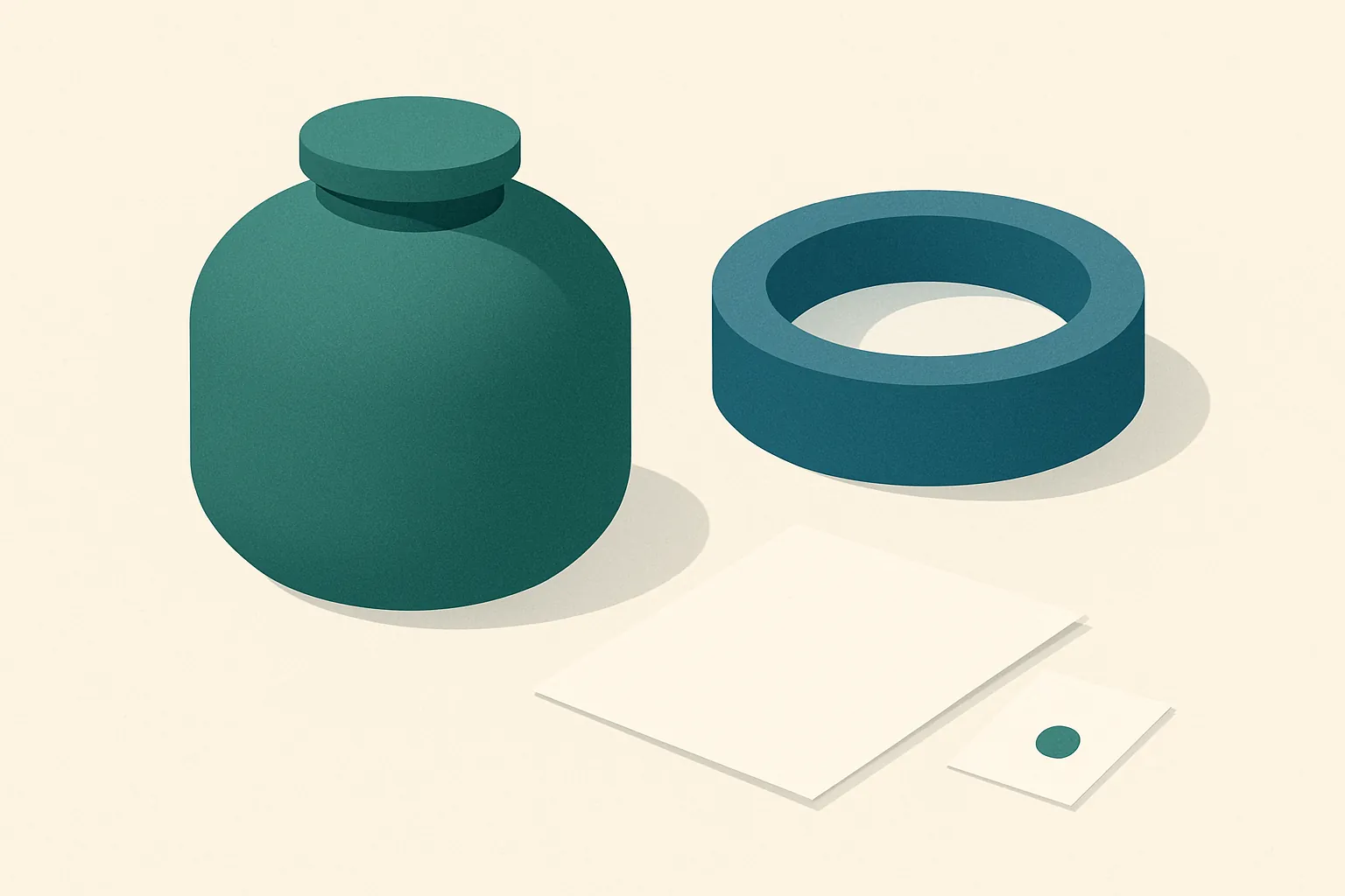 Editorial still life of a pine tank, a slate well ring, a blank paper sheet, and a calendar card with one dot